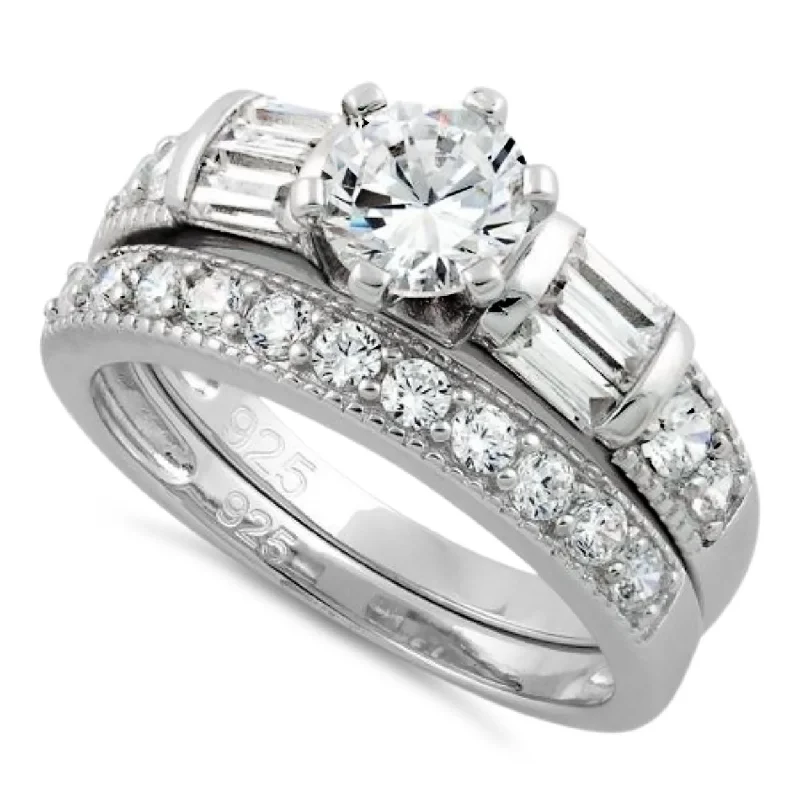 Vintage Engagement Ring Sets-Sterling Silver 2-Piece CZ Engagement Set Ring