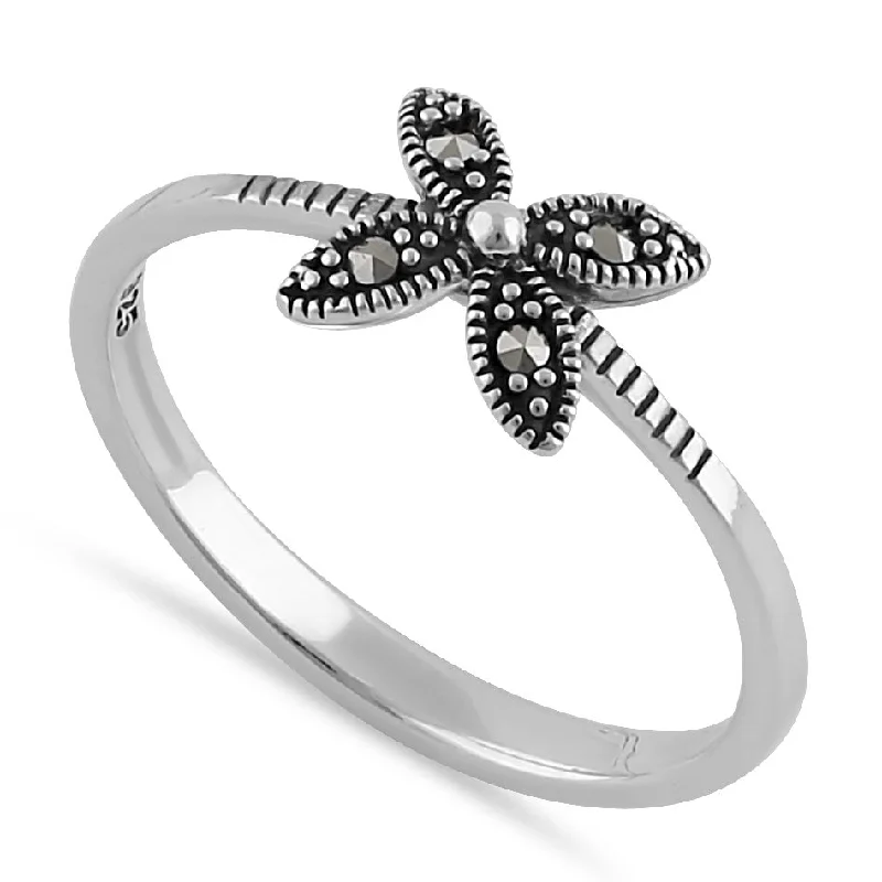 Silver Engagement Rings for Women-Sterling Silver Dainty Flower Marcasite Ring