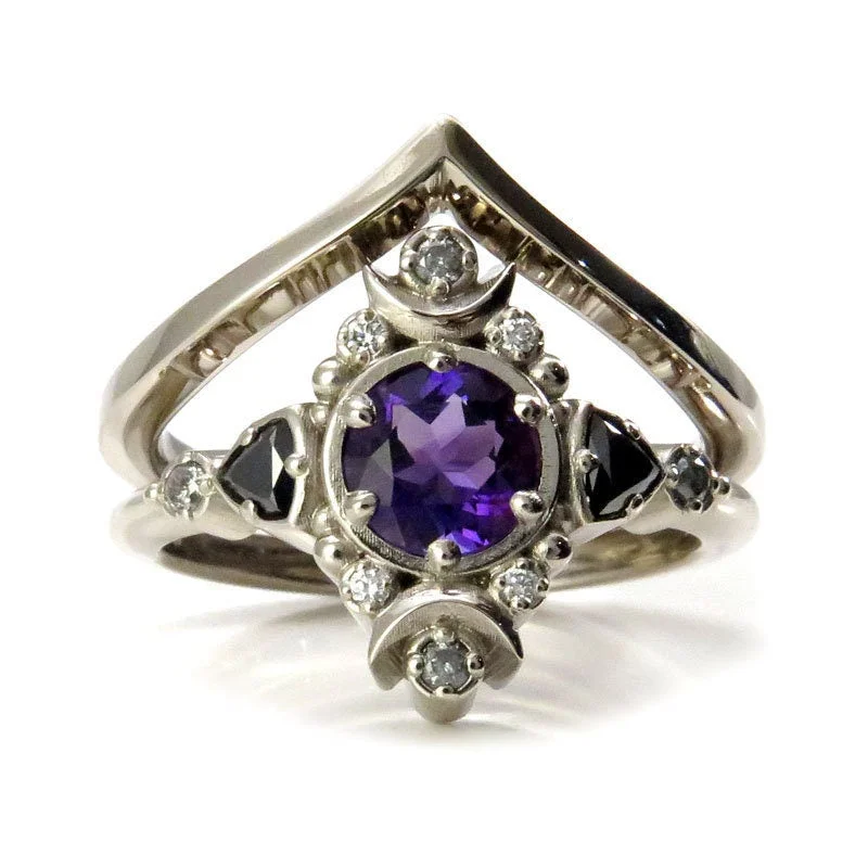 Handmade Rings-Ready to Ship Size 6 - 8 - Amethyst Moon Empress Engagement Ring Set with Black Diamond Trillions- 14k Palladium White Gold