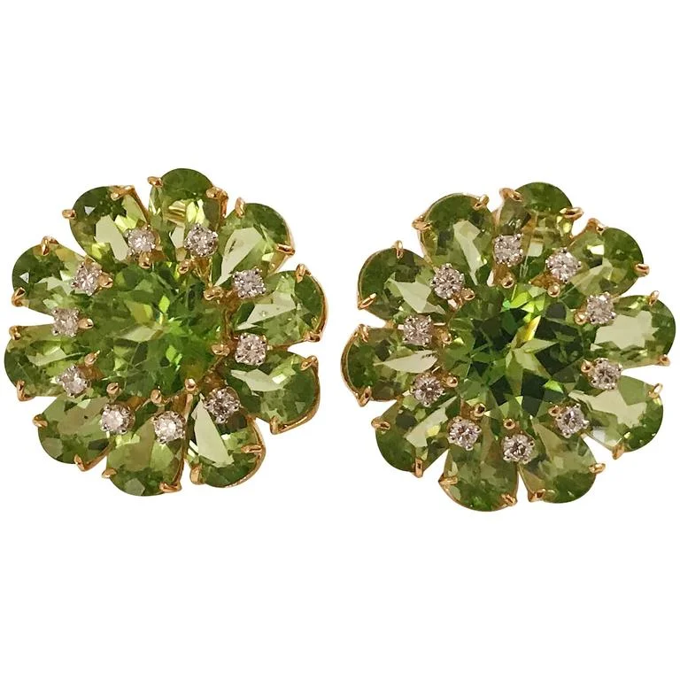 Summer Hoop Earrings-Peridot Diamonds Gold Flower Earrings