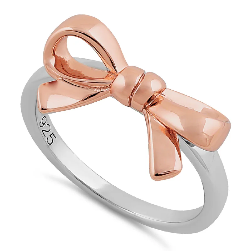 Birthstone Wedding Rings-Sterling Silver Two Tone Rose Gold Plated Bow Ring