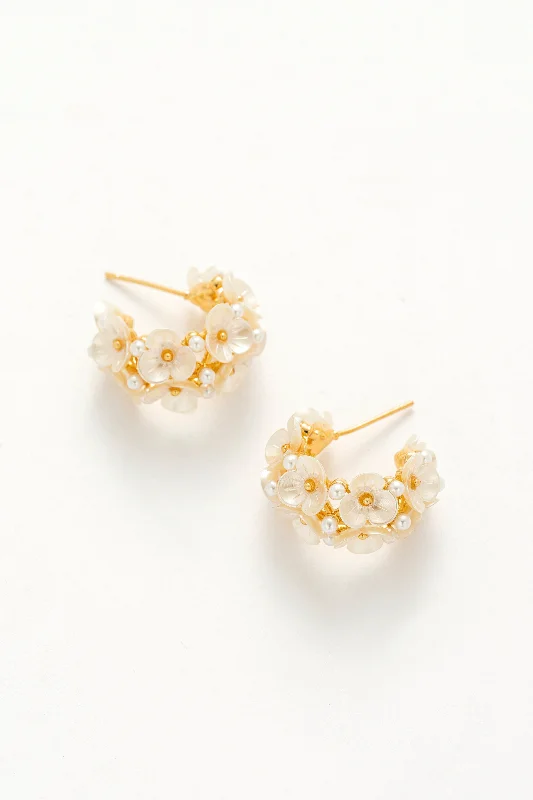 Luxury Wedding Earrings-Celine Floral Pearl C Hoop Earrings