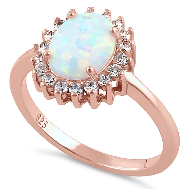 Simple Promise Rings-Sterling Silver Rose Gold Oval Halo White Lab Opal CZ Ring