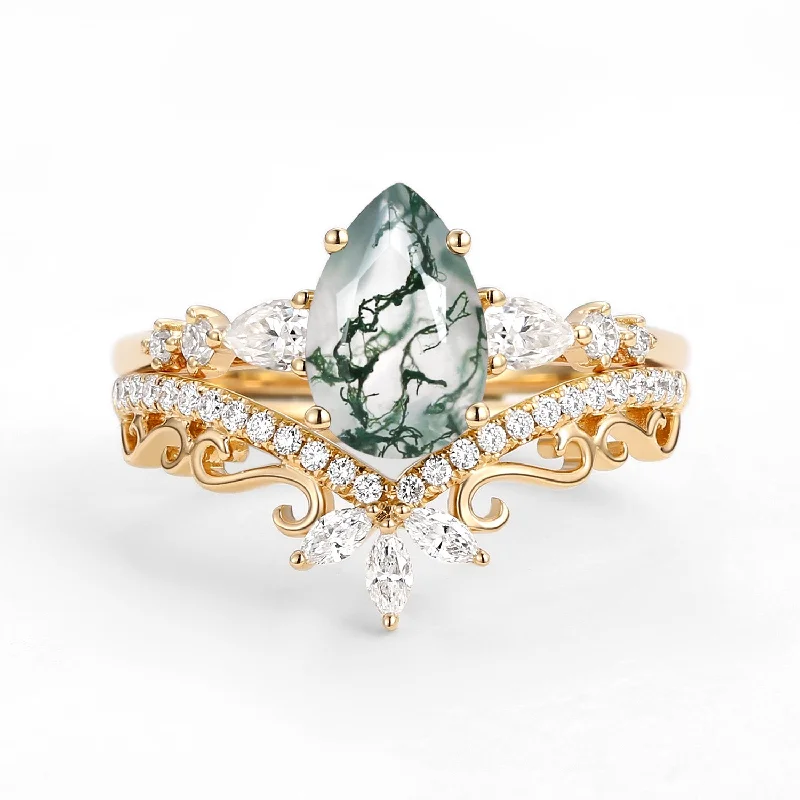 Opal Rings-Signature Vintage Pear Moss Agate Staccato Ring Set 2pcs