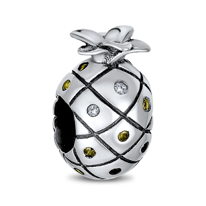 Custom Women’s Beaded Bracelets-Tropical Pineapple Charm Bead with Golden CZ for European Bracelets Sterling Silver