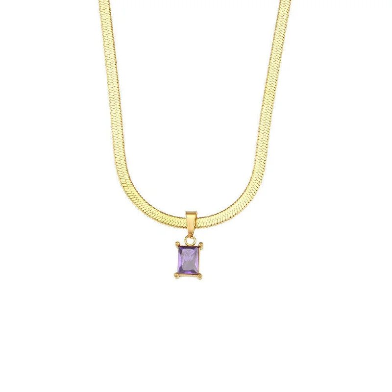 Flat Snake Chain Square Diamond Pendant Necklace - Purple