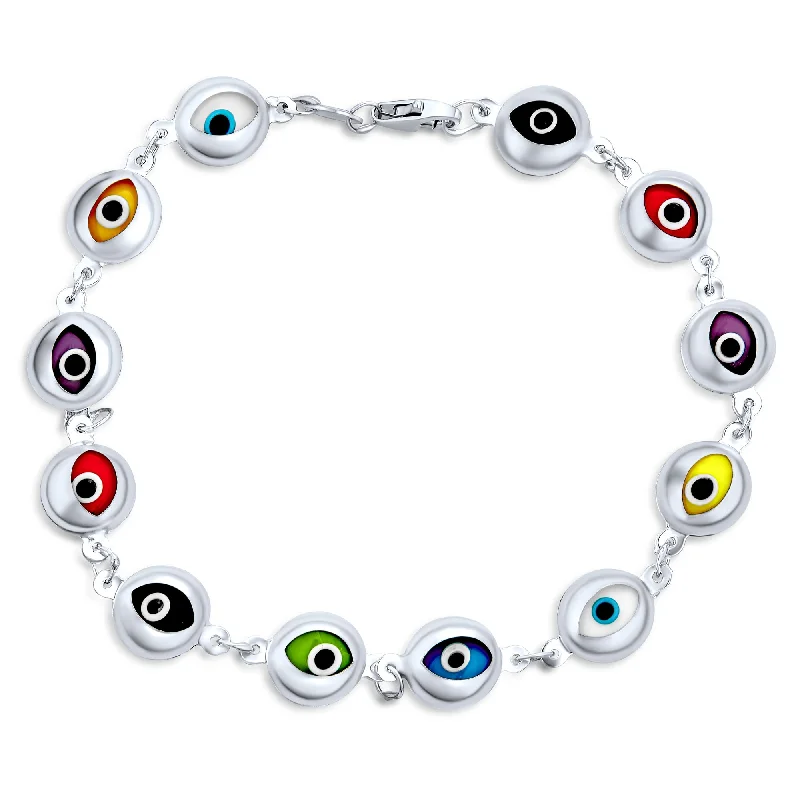 Custom Gemstone Bangles-Turkish Multicolor Evil Eye Strand Bracelet with Flower Charms Sterling Silver