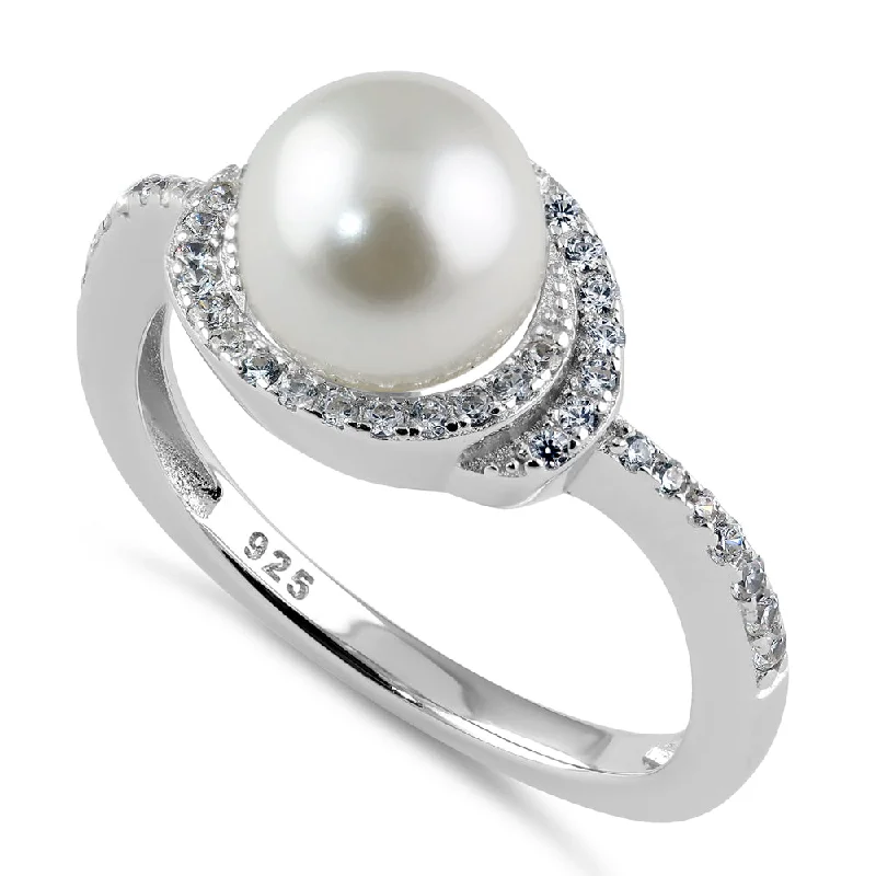 Unique Rings-Sterling Silver Spiral Shell Pearl CZ Engagement Ring