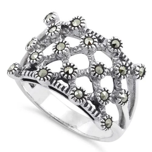 Luxury Wedding Rings-Sterling Silver Quilted Marcasite Ring