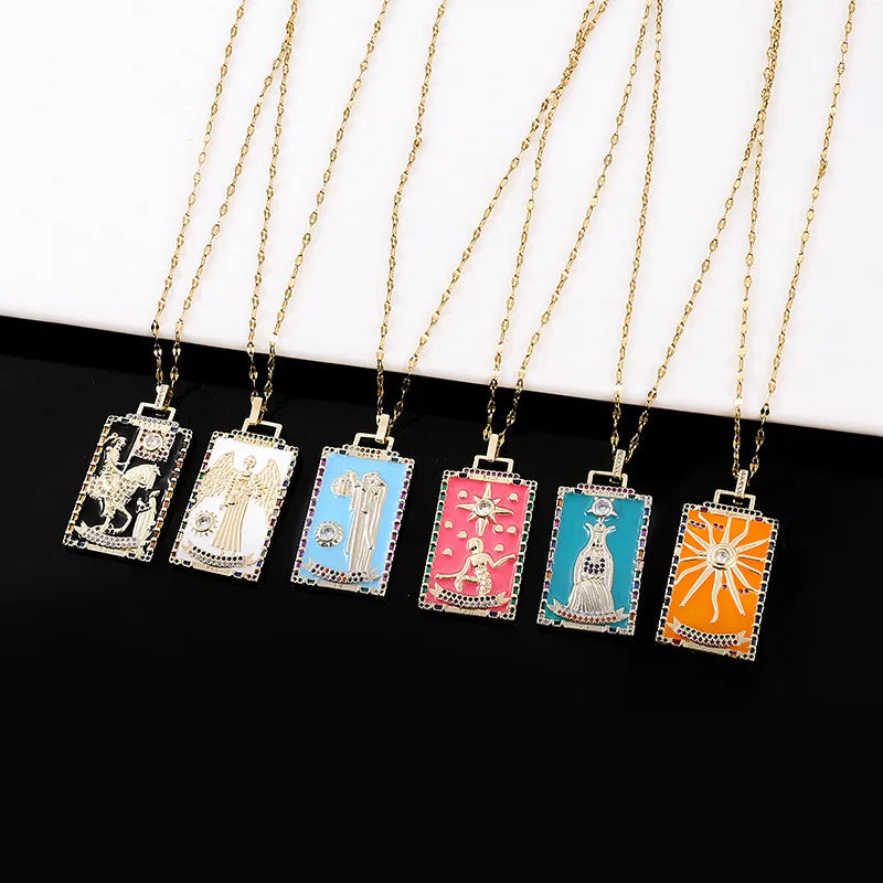 Statement Chain Necklaces-Copper Enamel Card Zircon Pendant Necklace