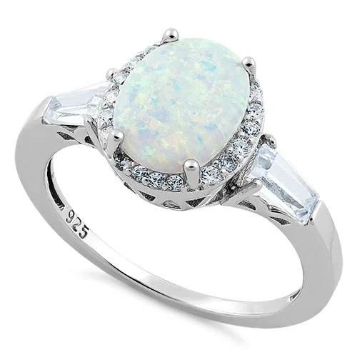 Unique Gemstone Rings-Sterling Silver Oval White Lab Opal CZ Ring