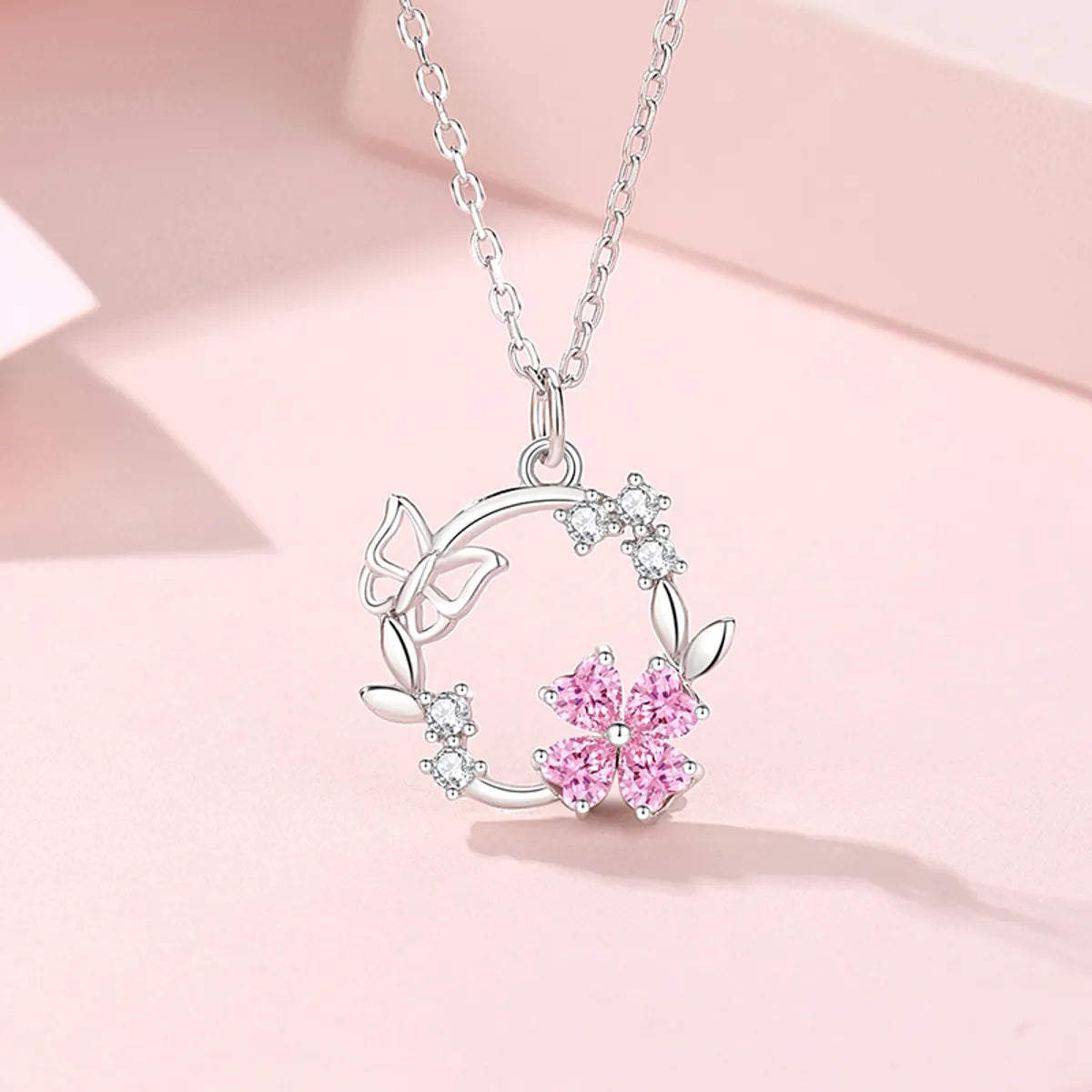 14K Gold Necklaces-Simple Style Classic Style Flower Wreath Butterfly Sterling Silver Inlay Zircon Pendant Necklace