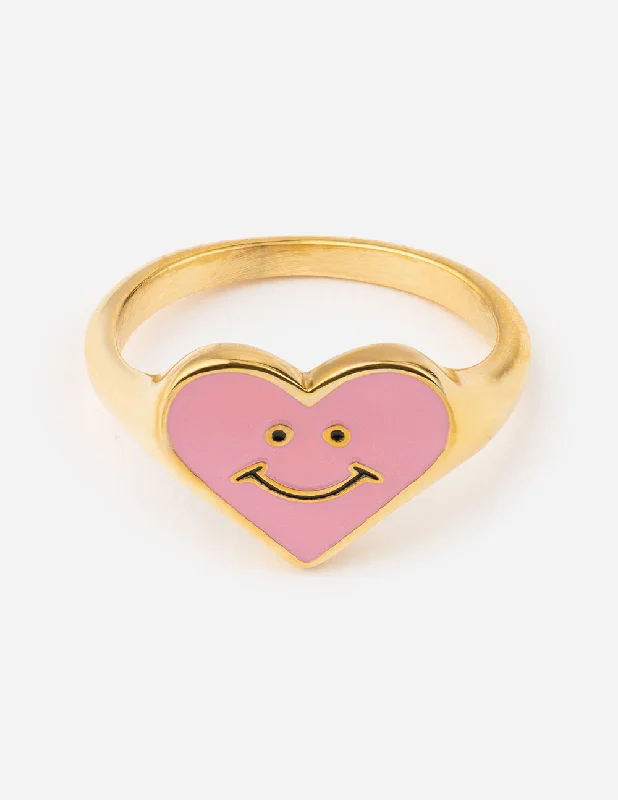 Crystal Rings-Pink Enamel Smiley Heart Ring