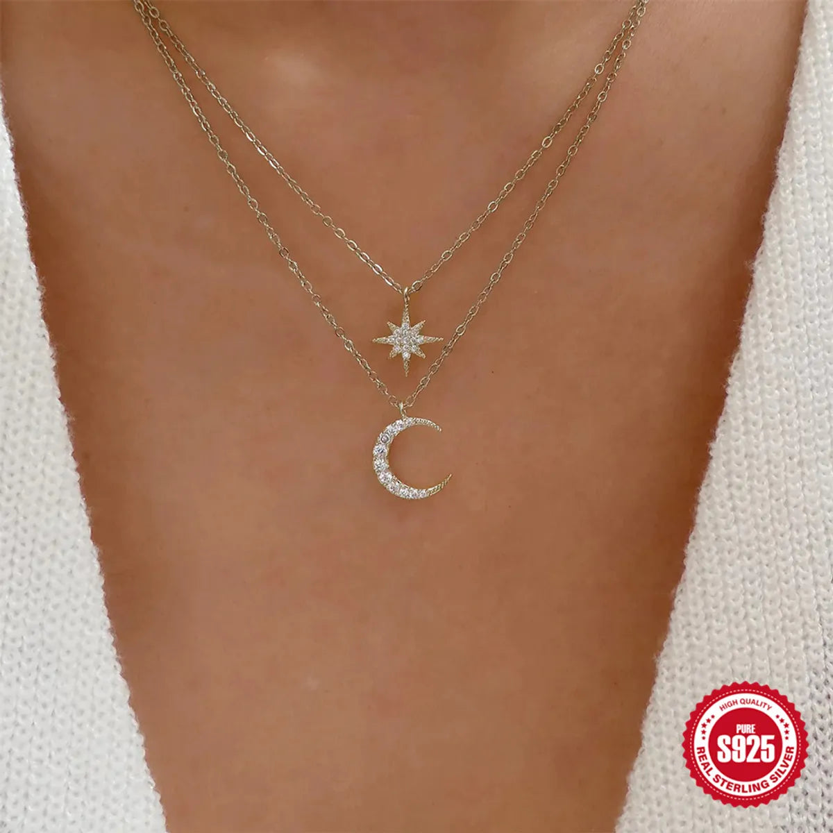 Pearls And Gold Necklaces-Sterling Silver Simple Style Star Moon Plating Inlay Zircon Double Layer Necklaces