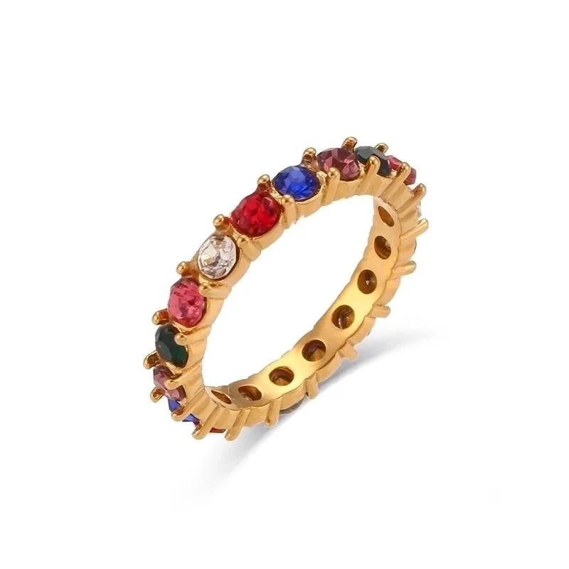 Micro Inlaid Zircon Thin Ring-Colorful Crystals Dark-No. 6