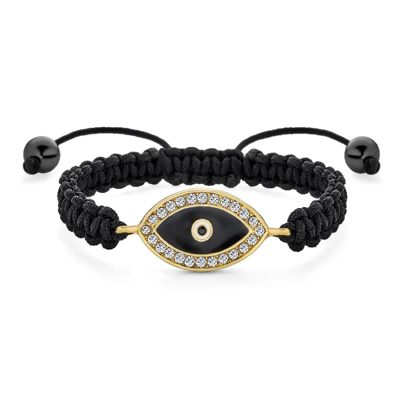 Custom Bracelets with Multiple Charms-Black Braided Cord Strand Bracelet with Evil Eye Crystal Accent Gold Plated Charm