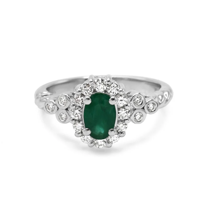 Men’s Promise Rings-Le Vian 14ct White Gold Diamond & Oval Emerald Halo Ring