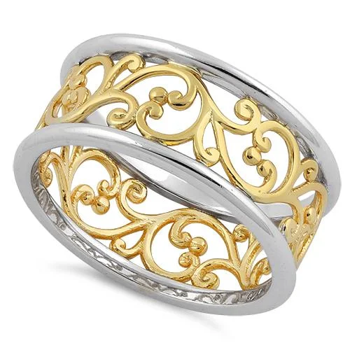 Personalized Gold Rings-Sterling Silver Two-Tone Gold-Plated Vines Ring