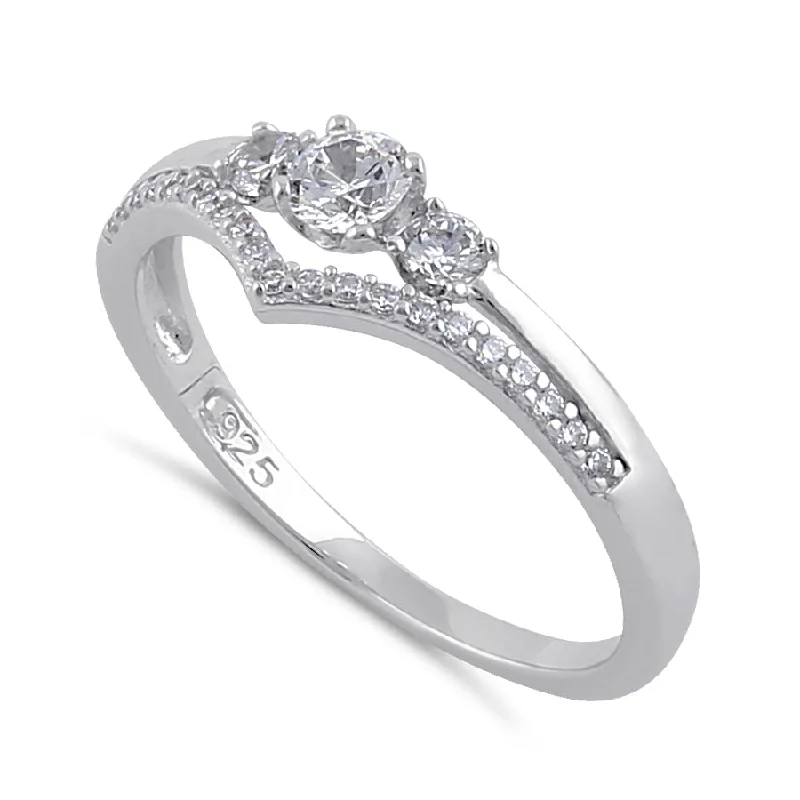 Sterling Silver Rings-Sterling Silver Clear CZ Trendy Engagement Ring