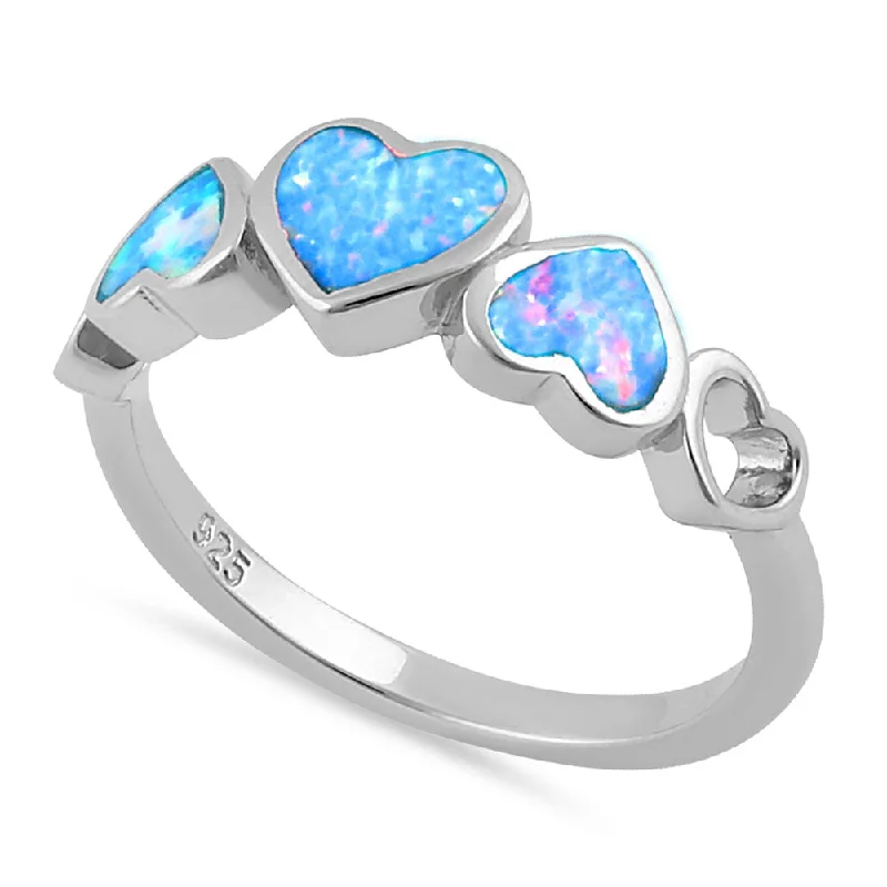 Textured Rings-Sterling Silver Blue Lavender Lab Opal Sequence of Hearts Ring