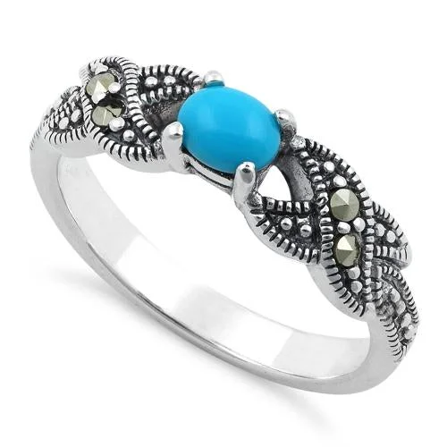 Black Titanium Rings-Sterling Silver Oval Simulated Turquoise Marcasite Ring