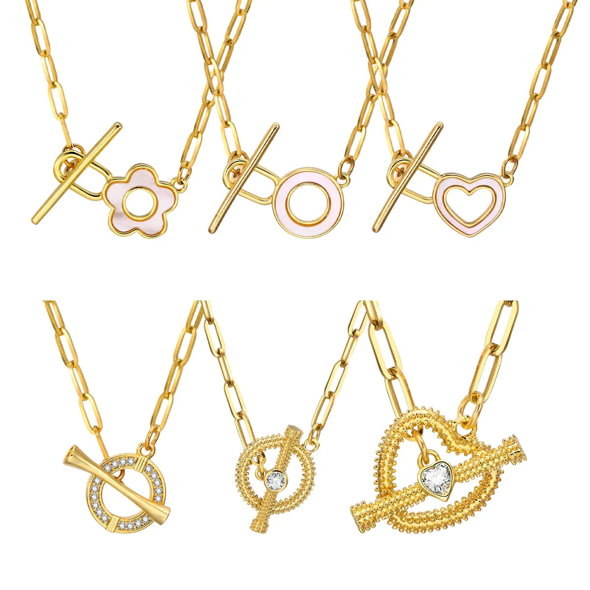 14K Gold Necklaces-Stainless Steel Copper 18K Gold Plated IG Style Round Heart Shape Flower Toggle Inlay Shell Zircon Necklace