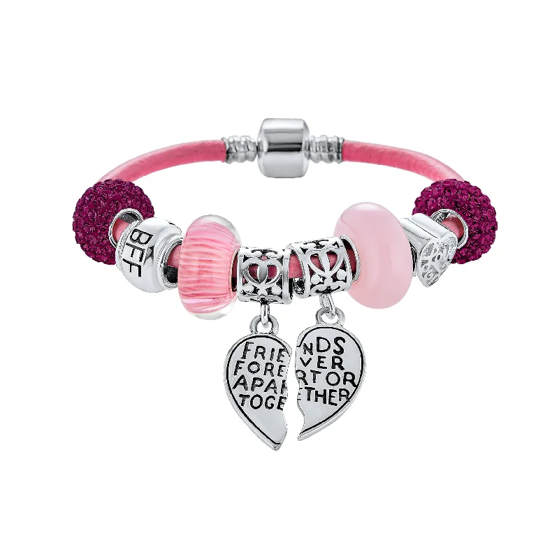 Custom Bar Bracelets-Best Friend Sorority Sister BFF Heart Butterfly Charm Bracelet Pink Leather Silver Clasp