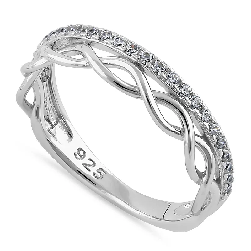 Two-Tone Rings-Sterling Silver Half-Eternity Twist CZ Ring