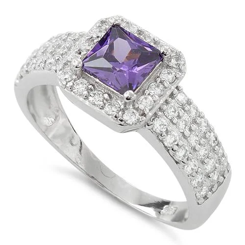 Custom Rings-Sterling Silver Amethyst Princess Cut Pave CZ Ring