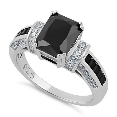 Men’s Wedding Rings-Sterling Silver Black Emerald-Cut CZ Ring