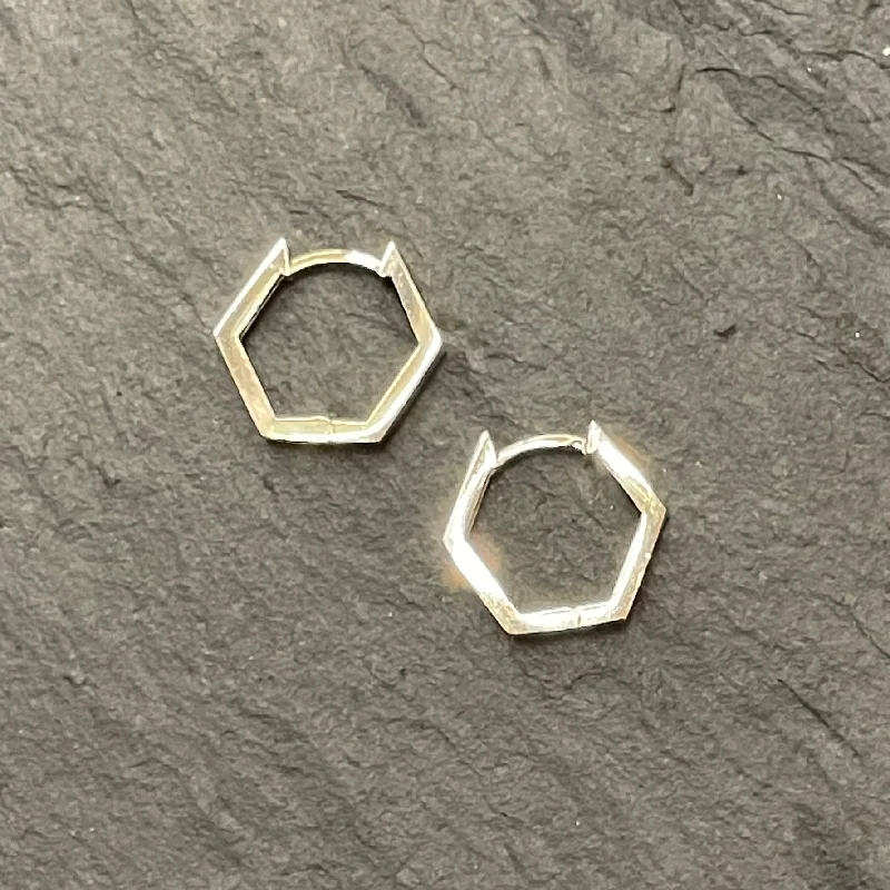 Silver Plated Earrings-14k Hexagon Huggie Hoops