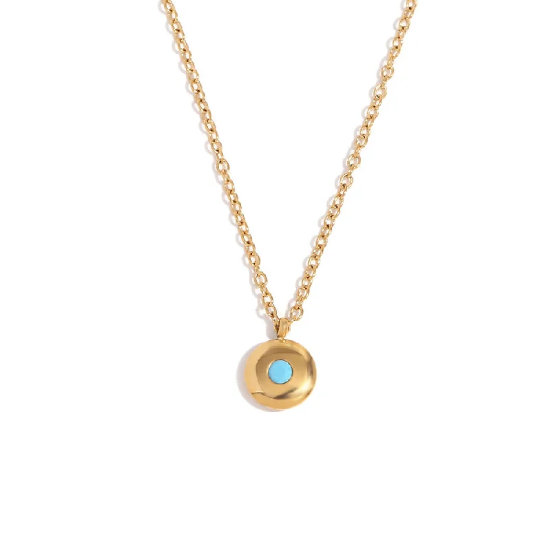 Minimalist December Birth Stone Round Card Small Pendant Necklace - Gold December - Turquoise