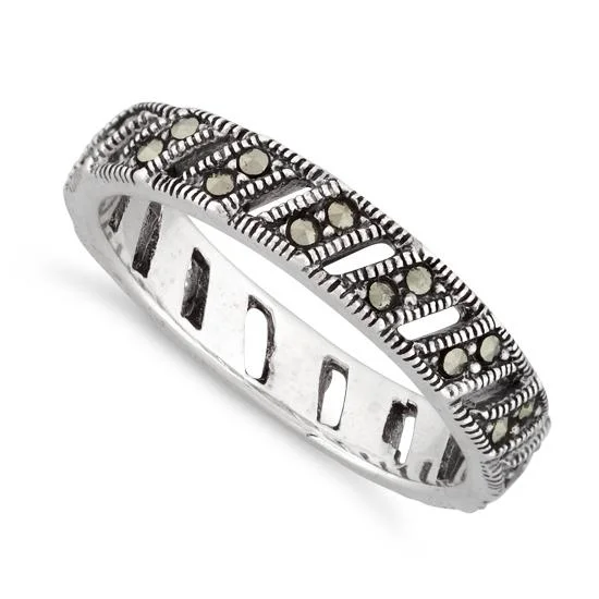 Platinum Rings-Sterling Silver Stackable Eternity Marcasite Ring