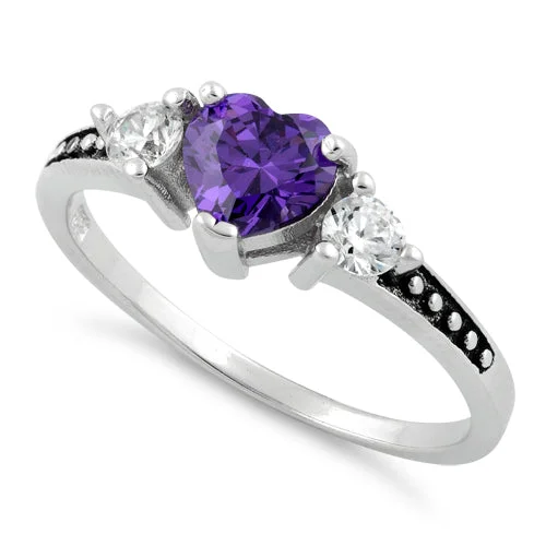 Heart-Shaped Rings-Sterling Silver Heart Purple CZ Ring