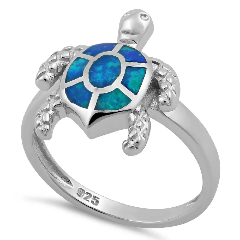 Ruby Rings-Sterling Silver Turtle Blue Lab Opal Ring