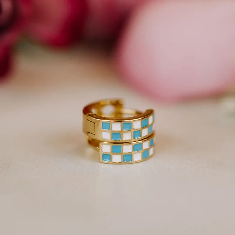 Designer Drop Earrings-Blue & White Checkered Hoops