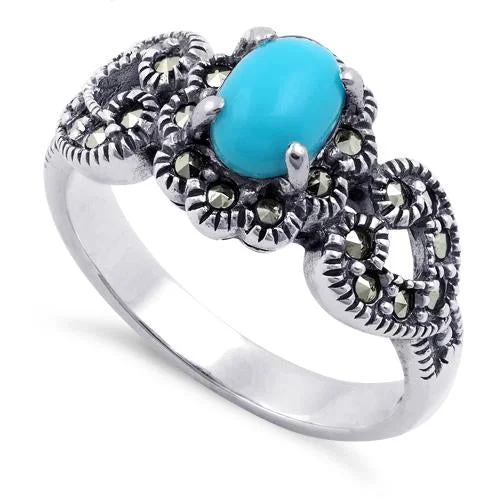 Large Statement Rings-Sterling Silver Oval Simulated Turquoise Flower Hearts Marcasite Ring