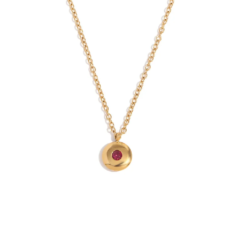 Minimalist December Birth Stone Round Card Small Pendant Necklace - Gold - July - Synthetic Corundum Sand Bottom