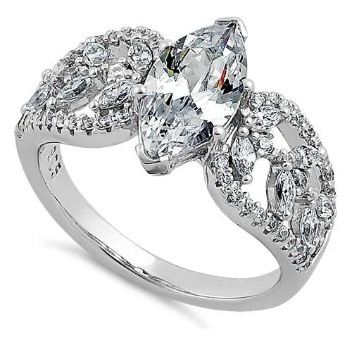 Custom Family Rings for Women-Sterling Silver Decorative Marquise Cut Clear CZ Engagement Ring