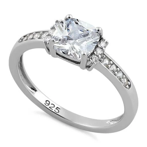 Halo Rings-Sterling Silver Cushion Clear CZ Ring