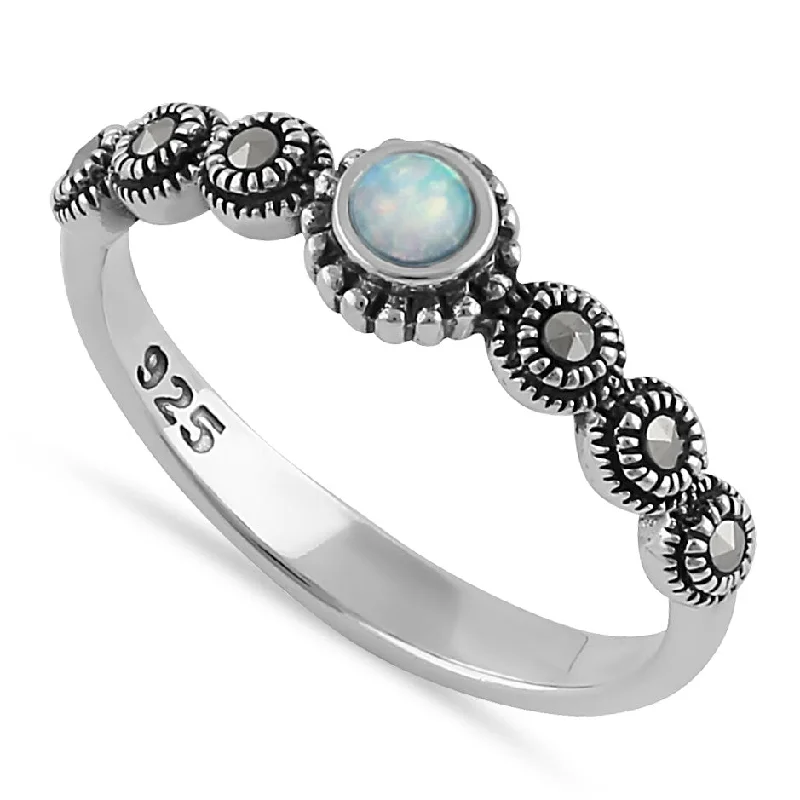 Designer Rings-Sterling Silver Small Round Opal Marcasite Ring