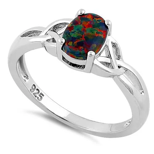 Affordable Rings-Sterling Silver Center Stone Charmed Black Lab Opal Ring