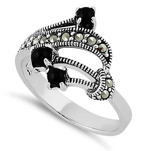 Engraved Rings-Sterling Silver Black Onyx Marcasite Ring