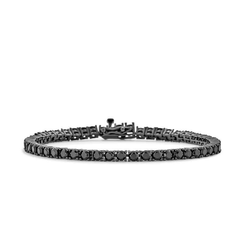 Custom Gemstone Bangles-Traditional Bridal Jewelry 10 CT CZ Round Solitaire Tennis Bracelet Black Silver 7"