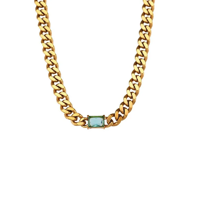 Cuban Chain Rectangular Zircon Necklace - Gold - Blue Diamond