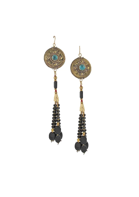 Luxury Earrings for Brides-Antiqued Brass and Turquoise Black Onyx Tassel Earrings