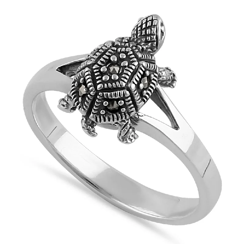 Personalized Gemstone Rings-Sterling Silver Tiny Turtle Marcasite Ring