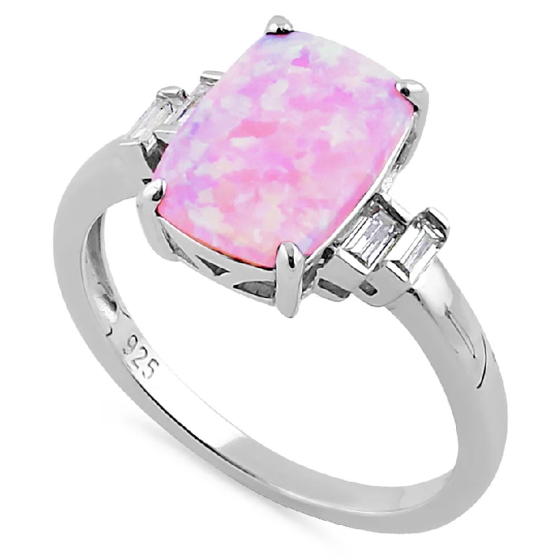 Eternity Wedding Rings-Sterling Silver Pink Lab Opal Rectangular Ring