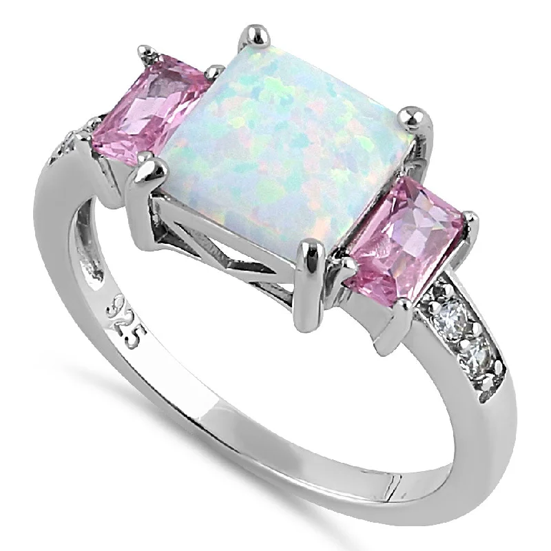 Butterfly Rings-Sterling Silver Square White Lab Opal Pink CZ Ring