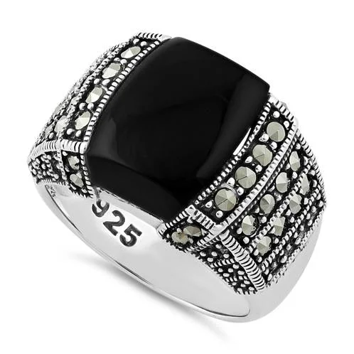 Men’s Wedding Rings-Sterling Silver Black Onyx Marcasite Ring